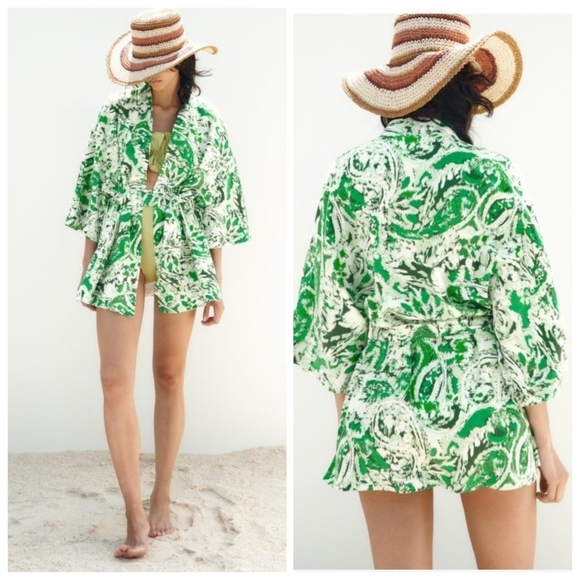 New Zara Printed Linen Blend Belted Green/White Short Kimono Open Front Jacket - Picture 1 of 15
